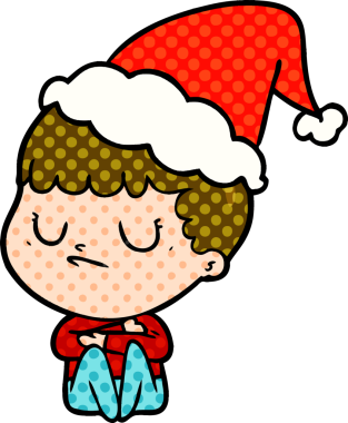 Bir insan tarafından çizilmiş Noel Baba şapkası giyen huysuz bir çocuğun el çizimi çizgi roman çizimi.