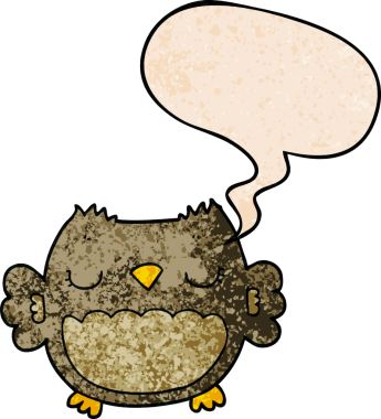 Bir insan tarafından çizilmiş geçmişe dönük konuşma baloncuğu olan sevimli çizgi film baykuşu.