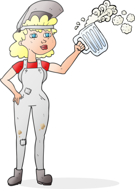 Bir insan tarafından çizilmiş birası olan çalışkan bir kadın çizimi.