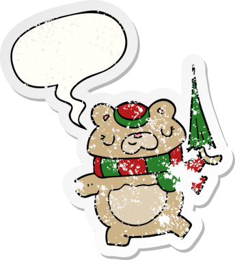 Şemsiyeli çizgi film ayısı, bir insan tarafından çizilmiş, sıkıntılı, eski bir çıkartma.