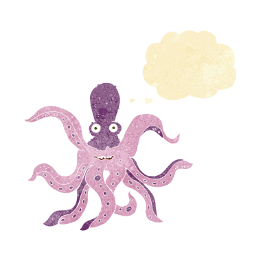 Bir insan tarafından çizilmiş düşünce baloncuklu dev ahtapot çizgi filmi.