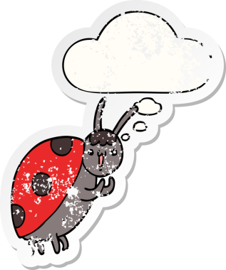 Düşünce baloncuğu olan sevimli uğur böceği bir insan tarafından çizilmiş yıpranmış bir çıkartma.