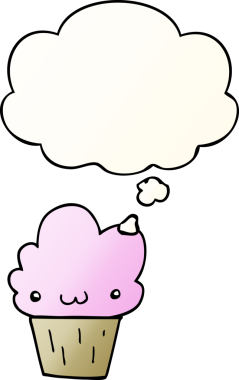 Yüzünde düşünce kabarcığı olan, bir insan tarafından çizilmiş karikatürlü kek.