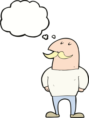 Düşünce baloncuğu çizilmiş bıyıklı kel bir adam.