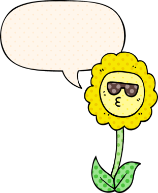 Bir insan tarafından çizilmiş çizgi roman tarzında konuşma baloncuğu olan karikatür çiçeği.