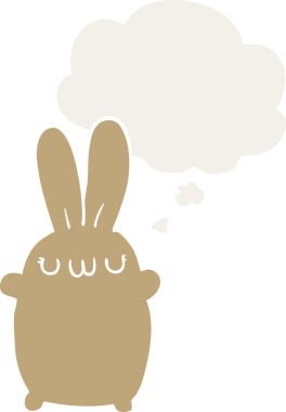 Düşünce baloncuklu çizgi film tavşanı insan tarafından çizilmiş.