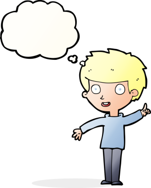 Bir insan tarafından çizilmiş düşünce baloncuğu fikri olan çizgi film çocuğu.