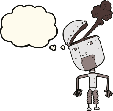 Bir insan tarafından çizilmiş düşünce baloncuklu komik robot.