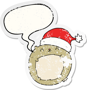 Güzel bir çizgi film Noel ayısı. Konuşma baloncuğu, bir insan tarafından çizilmiş sıkıntılı eski bir çıkartma.