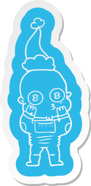 Bir insan tarafından çizilmiş Noel Baba şapkası giyen tuhaf kel bir uzaylının çizgi film çıkartması.