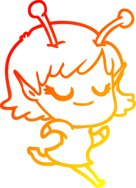 Bir insan tarafından çizilen gülümseyen uzaylı kız çizgi filminin sıcak çizgi çizimi