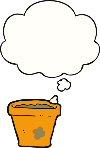 Bir insan tarafından çizilmiş düşünce baloncuklu saksı.