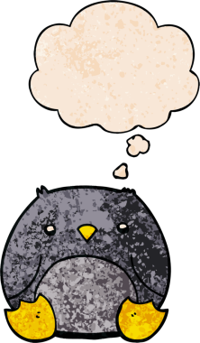 Bir insan tarafından çizilmiş grunge desenli düşünce baloncuklu penguen çizgi filmi.