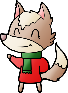 Bir insan tarafından çizilmiş kışlık giysili, dost canlısı kurt.