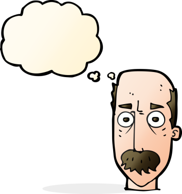 Bir insan tarafından çizilmiş düşünce baloncuklu bıyıklı çizgi film adamı.