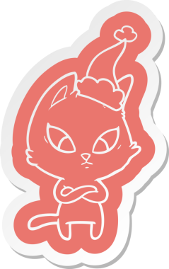 Bir insan tarafından çizilmiş Noel Baba şapkası takan bir kedinin garip çizgi film çıkartması.