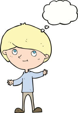 Bir insan tarafından çizilmiş düşünce balonu olan mutlu çocuk çizgi filmi.