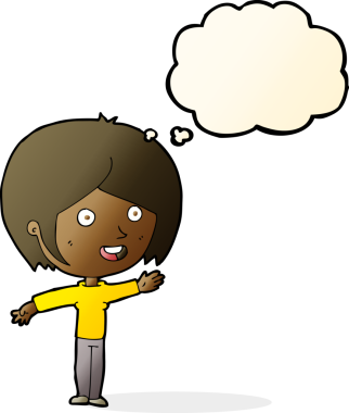 Bir insan tarafından çizilmiş düşünce baloncuğuyla el sallayan mutlu bir kız.