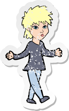 Bir insan tarafından çizilmiş omuzlarını silken karikatürlü bir kadının gerilmiş çıkartması.