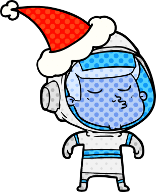 Bir insan tarafından çizilmiş Noel Baba şapkası giyen kendine güvenen bir astronotun el çizimi çizgi roman çizimi.