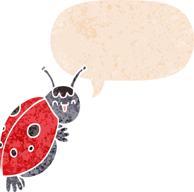 Bir insan tarafından çizilmiş grunge sıkıntılı retro tarzı konuşma balonu ile sevimli uğur böceği çizgi filmi