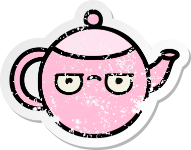 Bir insan tarafından çizilmiş şirin bir karikatür çaydanlığının sıkıntılı çıkartması.