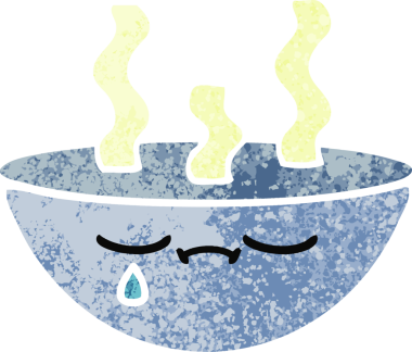 Bir insan tarafından çizilmiş sıcak bir çorba kasesinin retro çizim tarzı karikatürü.