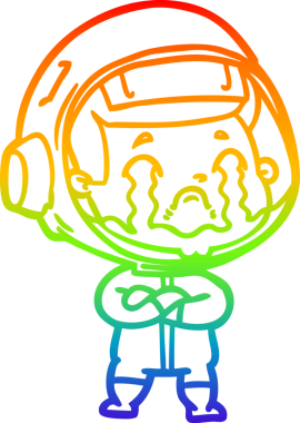 Gökkuşağı gradyan çizgi çizimi bir insan tarafından çizilmiş ağlayan astronot