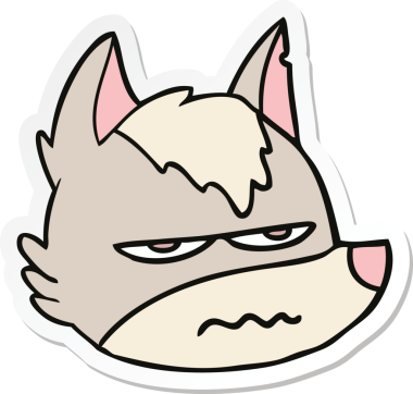 Bir insan tarafından çizilmiş rahatsız kurt suratlı bir çizgi film çıkartması.