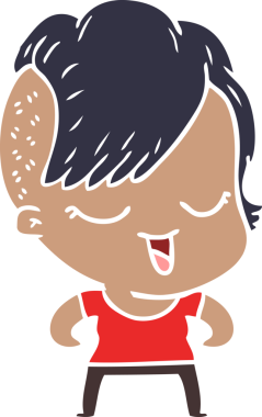 Bir insan tarafından çizilmiş mutlu düz renkli çizgi film kızı.