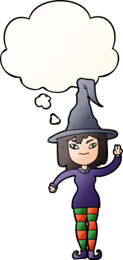 Bir insan tarafından çizilmiş yumuşak eğimli düşünce baloncuklu çizgi film cadısı.