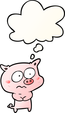 Düşünce baloncuğu olan çizgi film gerilimli domuz, bir insan tarafından çizilmiş.