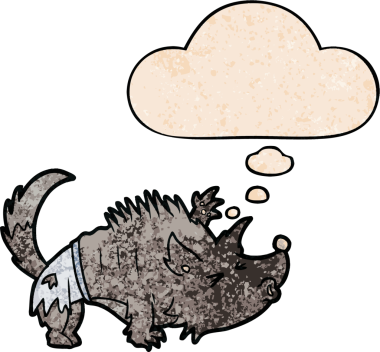 Bir insan tarafından çizilmiş grunge desenli düşünce baloncuğu olan bir kurtadam.