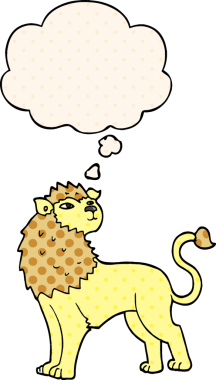 Çizgi roman tarzında düşünce balonu olan çizgi film aslanı bir insan tarafından çizilmiş.