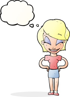 Bir insan tarafından çizilmiş düşünce baloncuğu olan elleri kalçasında çizgi film kadını.