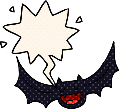 Bir insan tarafından çizilmiş çizgi roman tarzında konuşma baloncuğu olan bir yarasa.