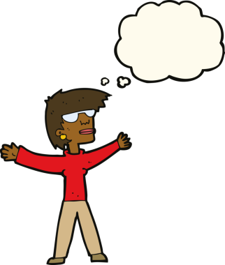 Bir insan tarafından çizilmiş düşünce balonlu gözlük takan çizgi film kadını.