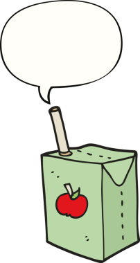 bir insan tarafından çizilmiş konuşma baloncuklu elma suyu kutusu.