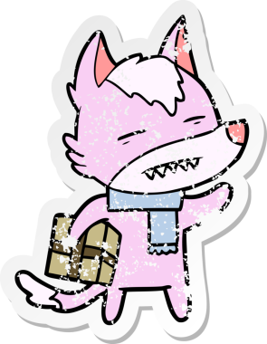 Bir insan tarafından çizilmiş bir hediyeyle bir karikatür kurdunun sıkıntılı çıkartması.