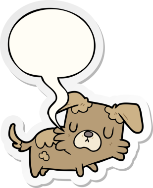 Bir insan tarafından çizilmiş konuşma balonu çıkartmalı küçük bir köpek.