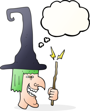 Bir insan tarafından çizilmiş serbest çizilmiş düşünce balonu çizgi filmi gülen cadı.