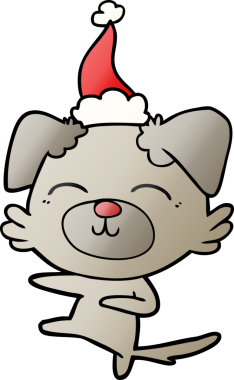 Bir insan tarafından çizilmiş Noel Baba şapkası takan bir köpeğin el çizimi çizgi filmi.