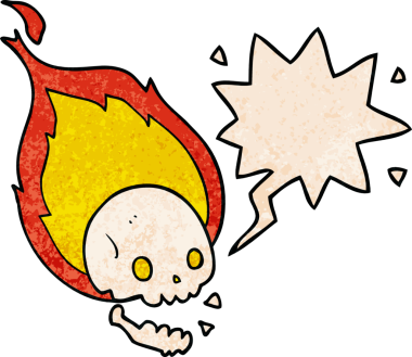 Bir insan tarafından çizilmiş, geçmişe dönük konuşma baloncuklu, ürkütücü çizgi film alevli kafatası.