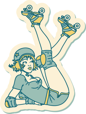 Geleneksel stil dövme çıkartması. Bir insan tarafından çizilmiş paten derbisi kızı.