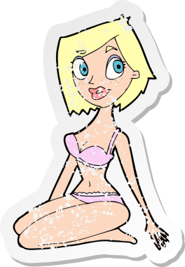 Bir insan tarafından çizilmiş iç çamaşırlı güzel bir kadın çizgi film çıkartması.