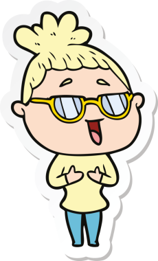 Bir insan tarafından çizilmiş gözlüklü mutlu bir kadının çıkartması.