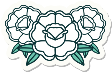 Bir insan tarafından çizilmiş bir buket çiçeğin geleneksel stiliyle dövme çıkartması.