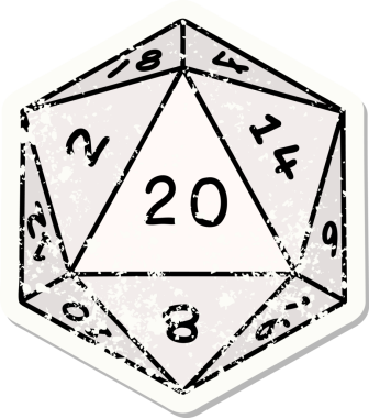 Bir insan tarafından çizilmiş 20 D20 zarının grunge sticker 'ı.