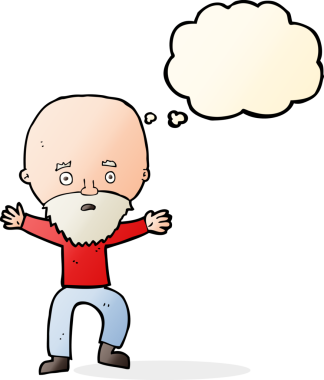 Bir insan tarafından çizilmiş düşünce baloncuğuyla panikleyen yaşlı bir adam.