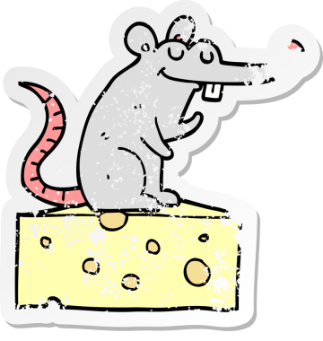 Bir insan tarafından çizilmiş peynirin üzerinde oturan çizgi film faresinin sıkıntılı çıkartması.